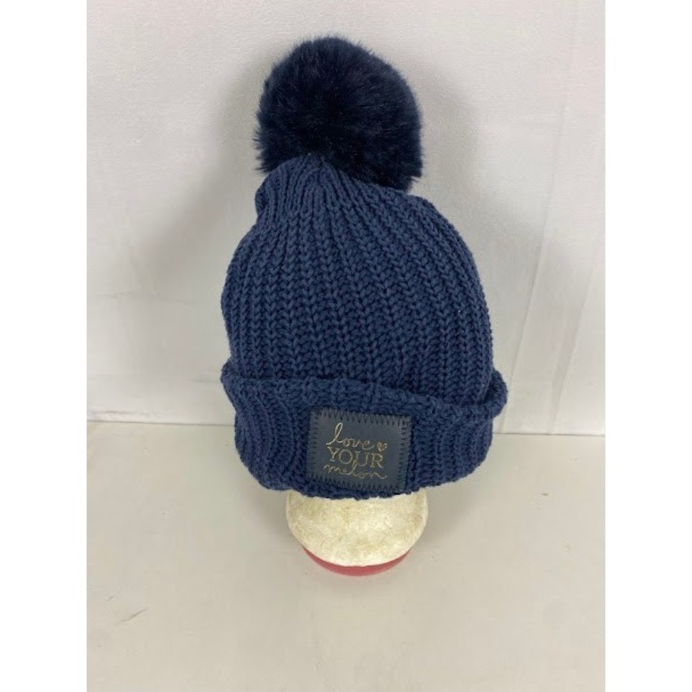 Love Your Melon Navy Blue Knit Beanie Faux Fur Pom Pom Cuffed‎ Winter Hat USA
